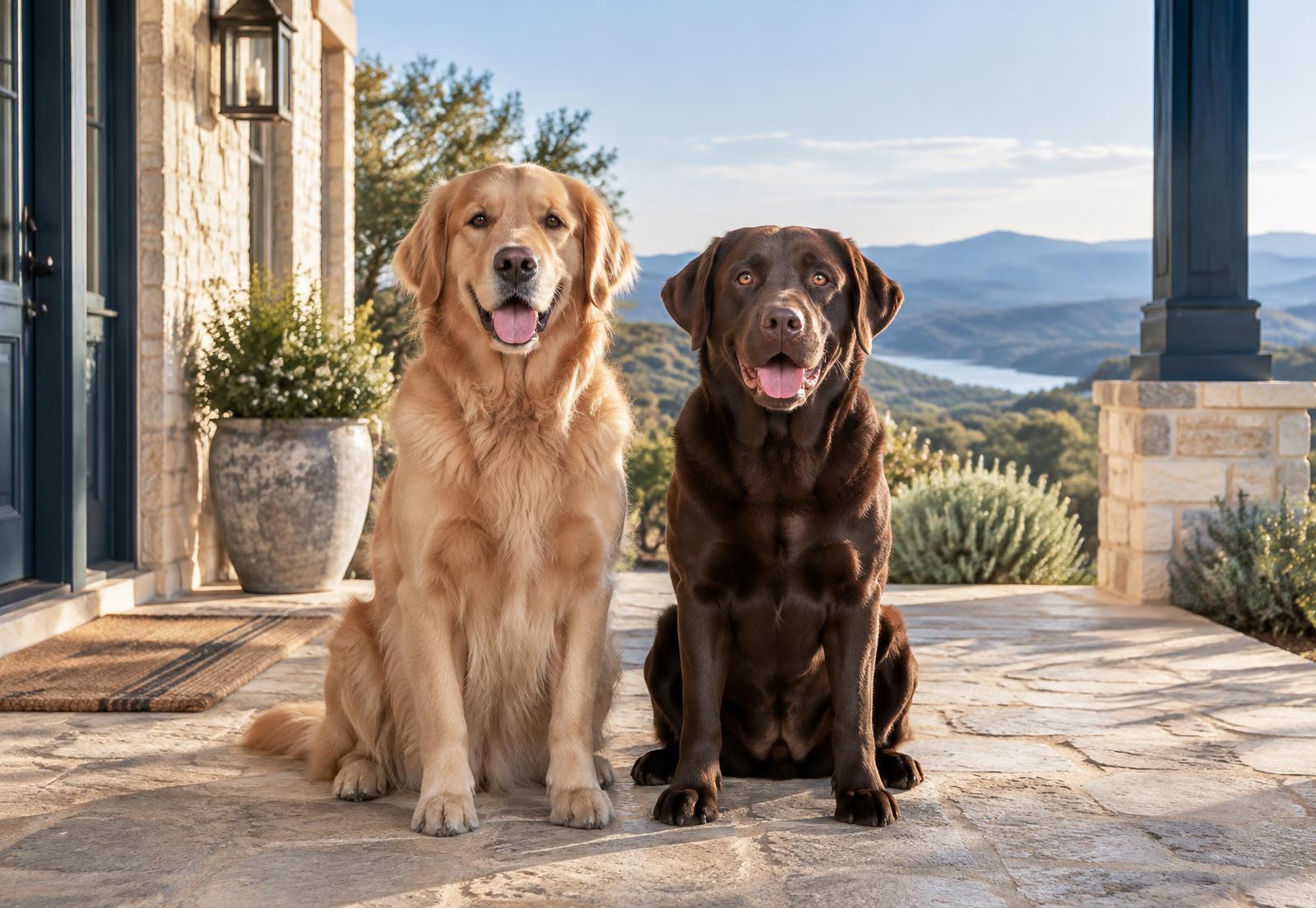 A golden retriever and chocolate Labrador sitting together on a Texas hill-country porch