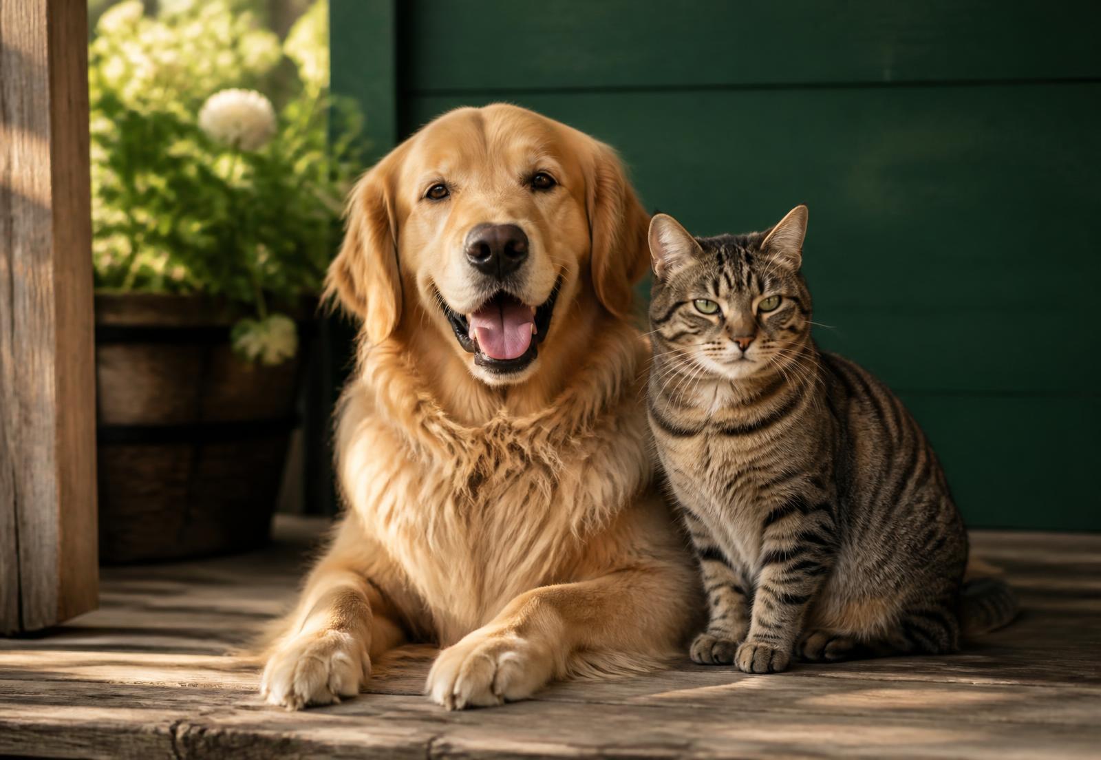 A golden retriever and tabby cat resting together on a porch