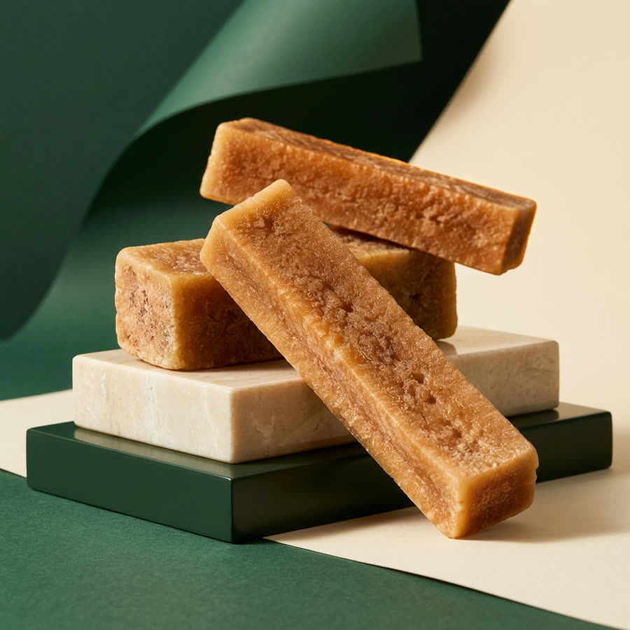 Golden yak cheese Churpi chews on green and ivory studio plinths