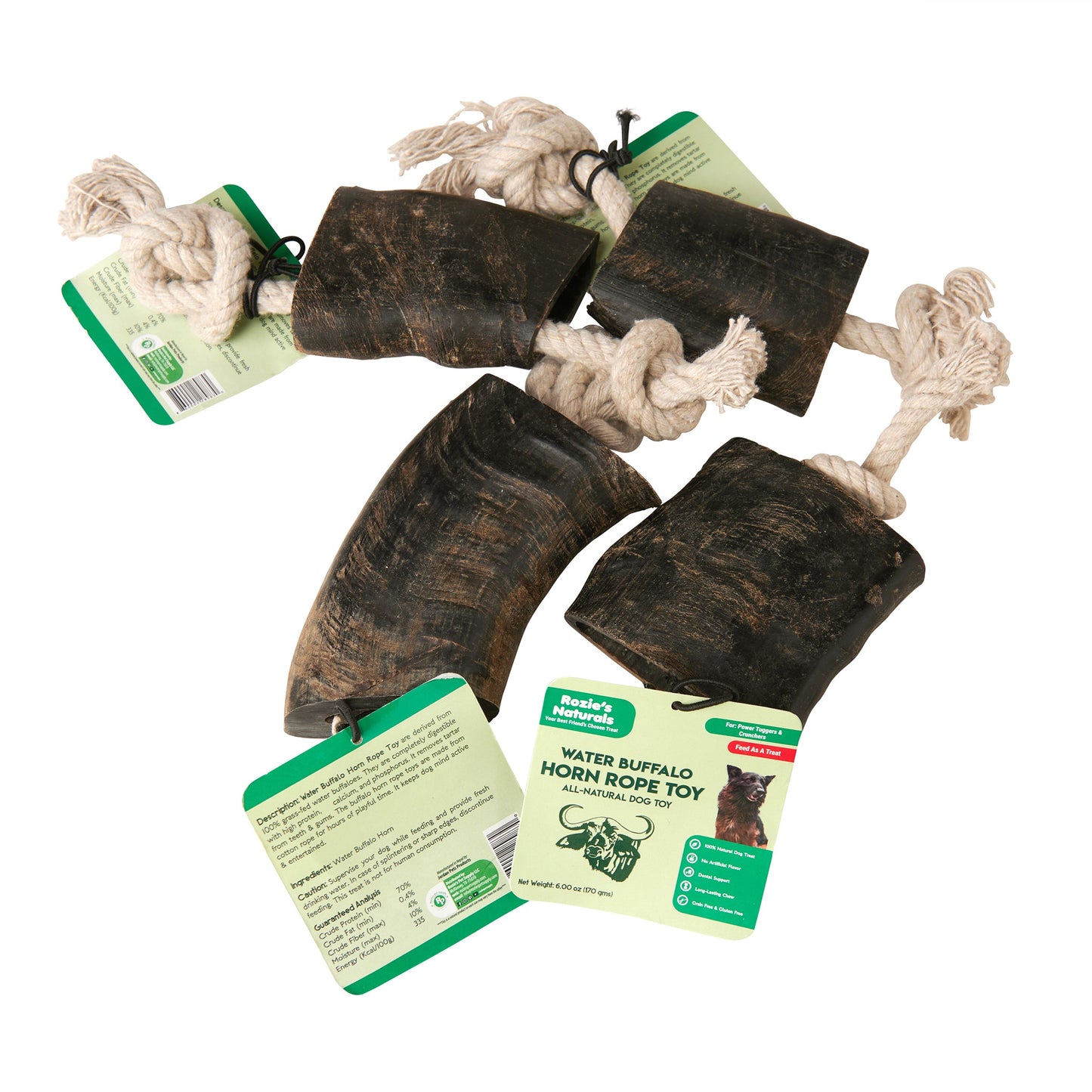 Water Buffalo Horn 14" Cotton Rope Tug Toy Dog Chews-2 Count-10 oz (WSP)