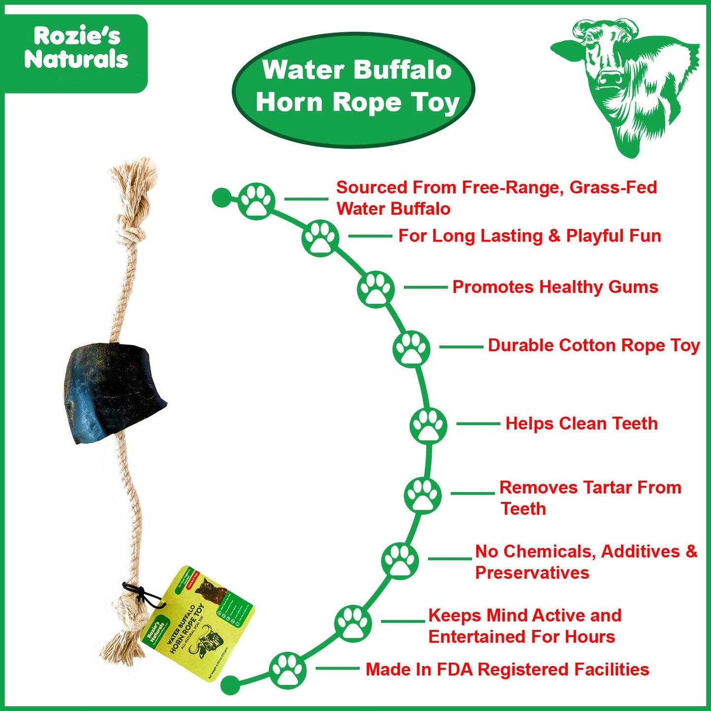 Water Buffalo Horn 14" Cotton Rope Tug Toy Dog Chews-2 Count-10 oz (WSP)